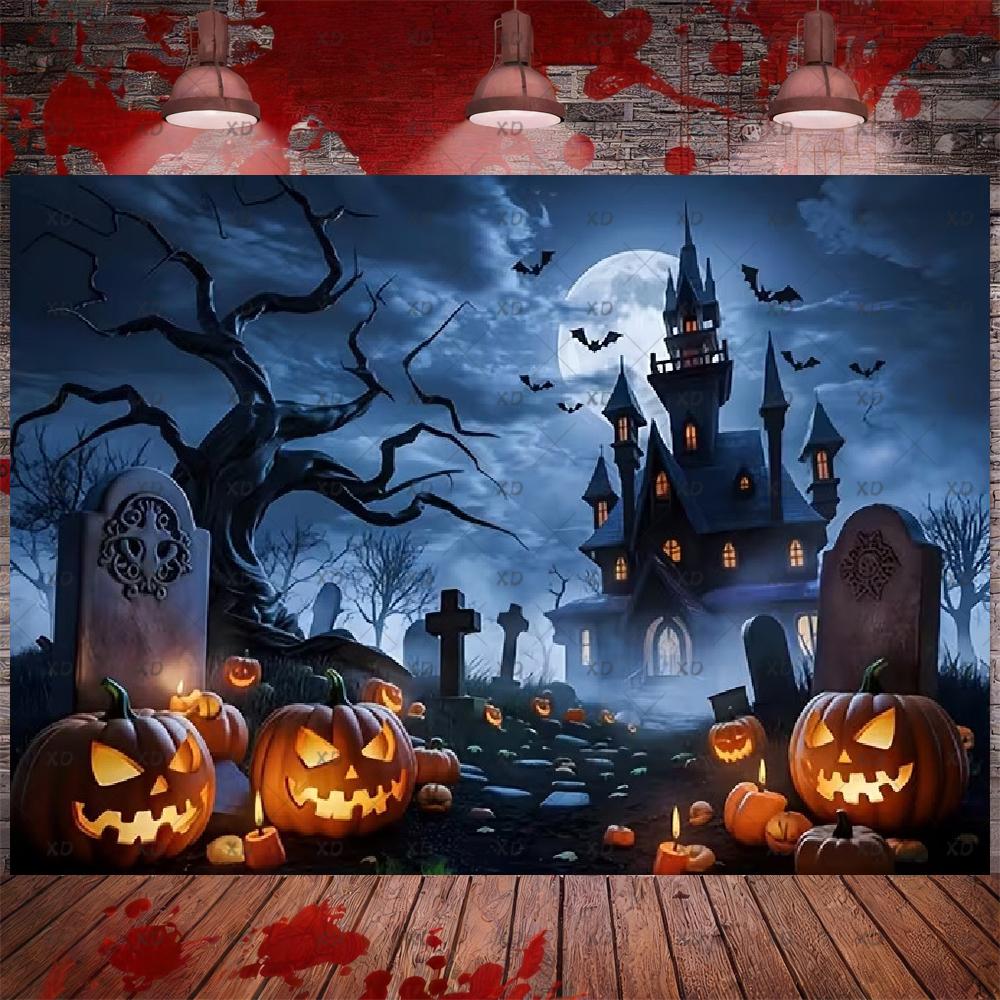 Halloween Party Decor: Pumpkin Backdrop, Ghosts, Haunted House, Photography Props, Photo Booth Banner5017