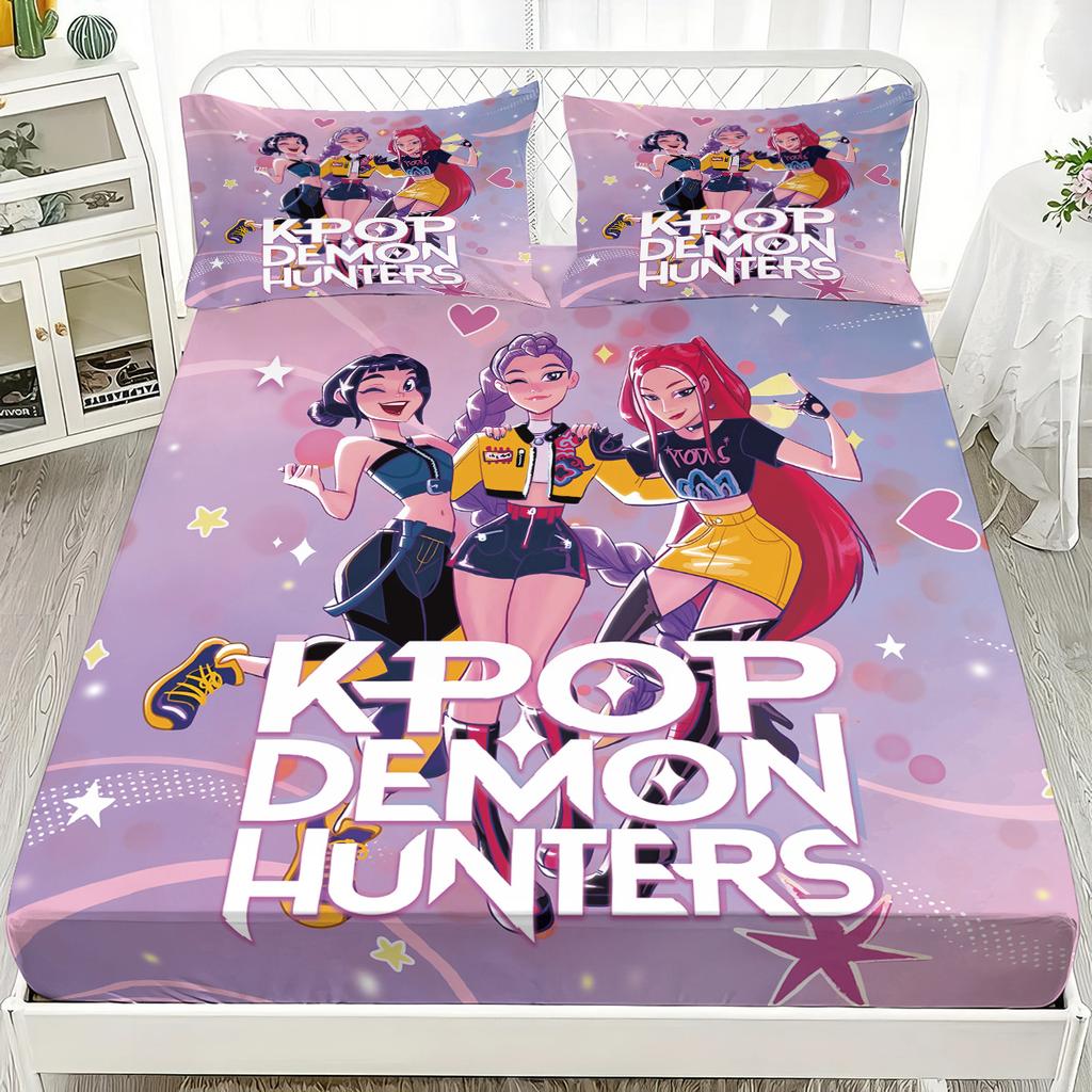 3pcs K-Pop Demon Hunters Print Coreless Fitted Sheet Set Multi Size Soft Bedspread Bedroom Bedding Decoration Machine Washable