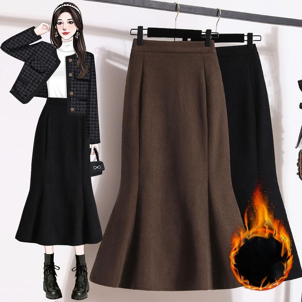 Women's High Waist Mermaid Skirt Corduroy Vintage Casual Solid Color Mid Length Long Skirt