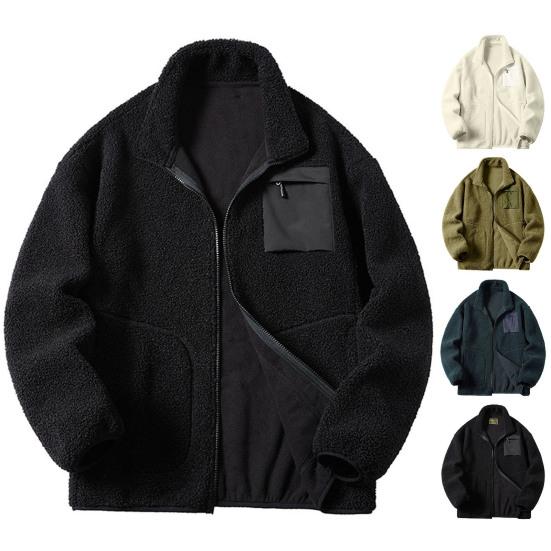 Faux Lambswool Jacket Coat Autumn Winter Zipper Placket Stand Collar Long Sleeve Solid Color Coat with Pockets