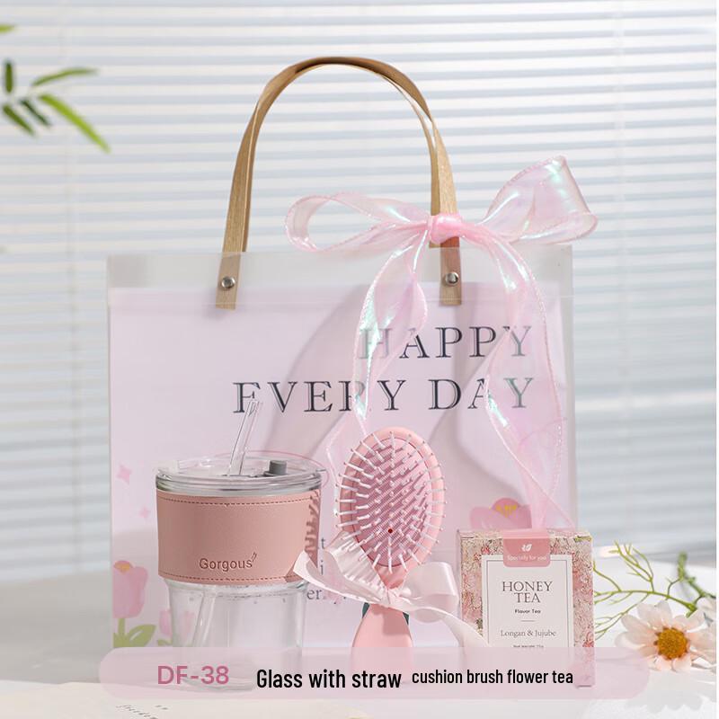 Portable Glass Straw Cup Gift Set DF-38 Glass Straw Cup, Comb & Flower Tea Set