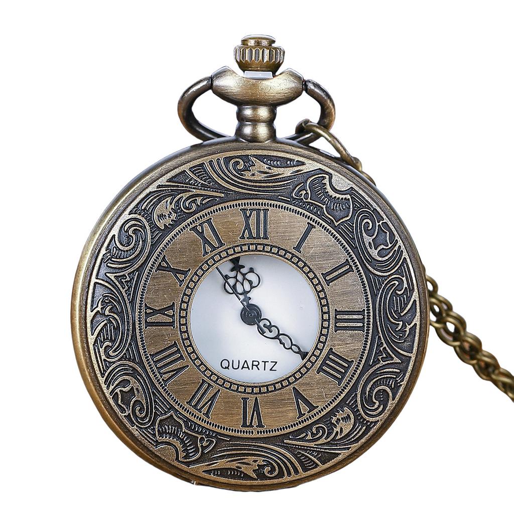 Vintage Bronze Watch Roman Scale Display Design Quartz Pocket Masculino Relogio Pendant Necklace Chain Leisure Men's Gift Clock