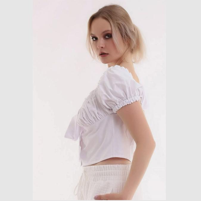 Collar And Sleeve Gathered Front Buttoned Ribbon Detailed Stylish And Sexy Blouse