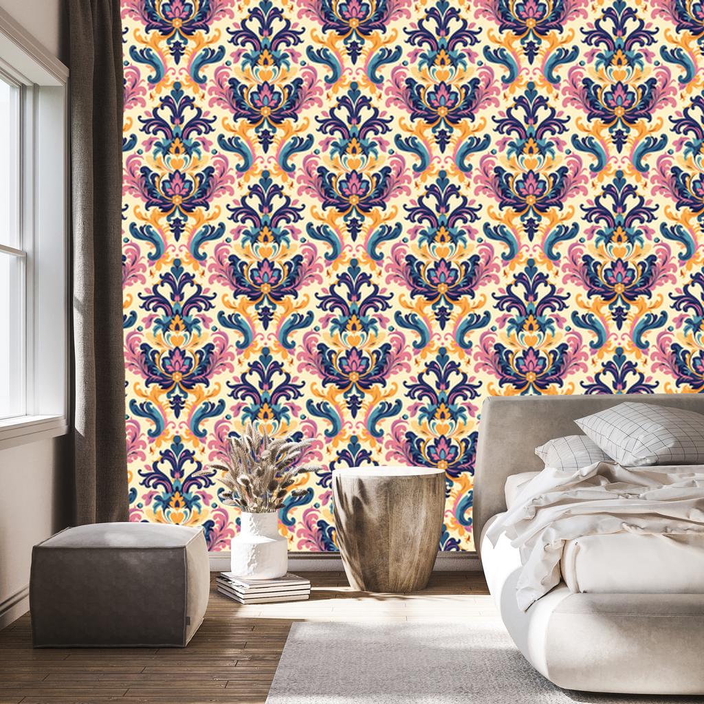 Baroque Damask Wallpaper Cream and Blue for Living Room and Bedroom 50x1000