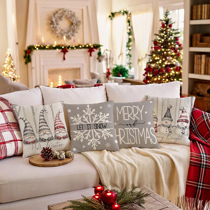 1pc Grey Cushion Cover Dwarf Snowman Printed Durable Cover 2025 New for Home Ornament Xmas New Year Christmas Decoration