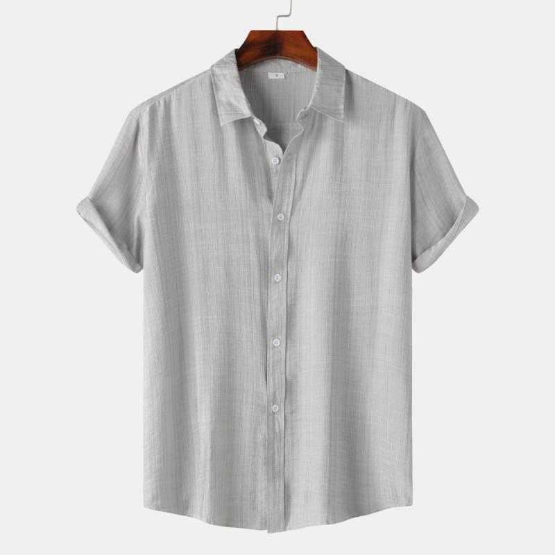 Men Solid Color Linen Short Sleeve Shirt Loose Casual Summer Button Up Top