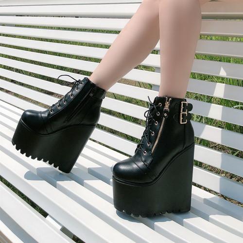 Fashion 16CM Wholesale Autumn Ankle Boots For Women Motorcycle Boots Chunky Heels Casual Lacing Round Toe Platform Boots Shoes Female