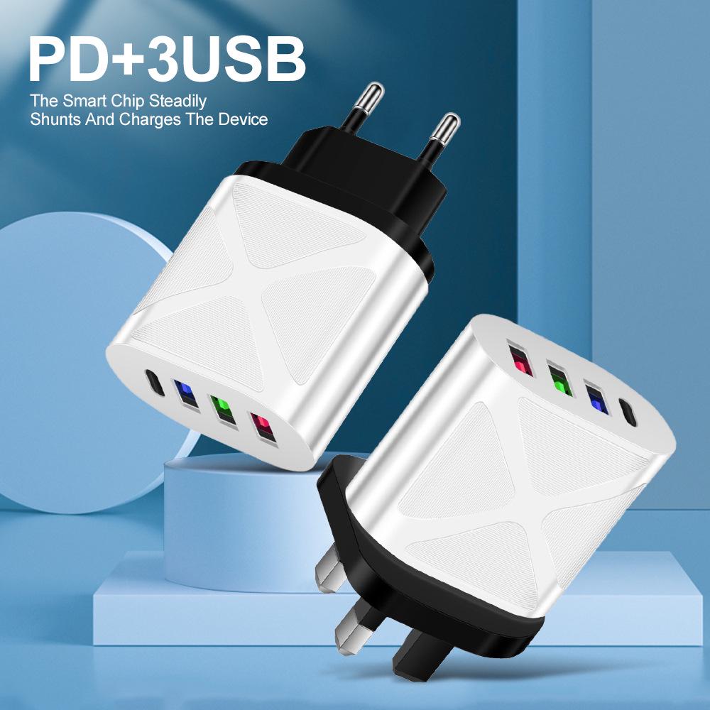 Multi-Port EU/US/UK Travel Charger: 3 USB + 1 Type-C (5V/2.4A)