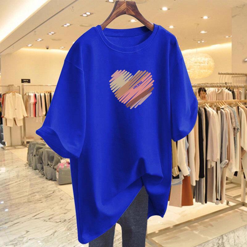 2026 Women's Korean Style Heart Print Slimming Loose Fit Mid-Length Short Sleeve Tee