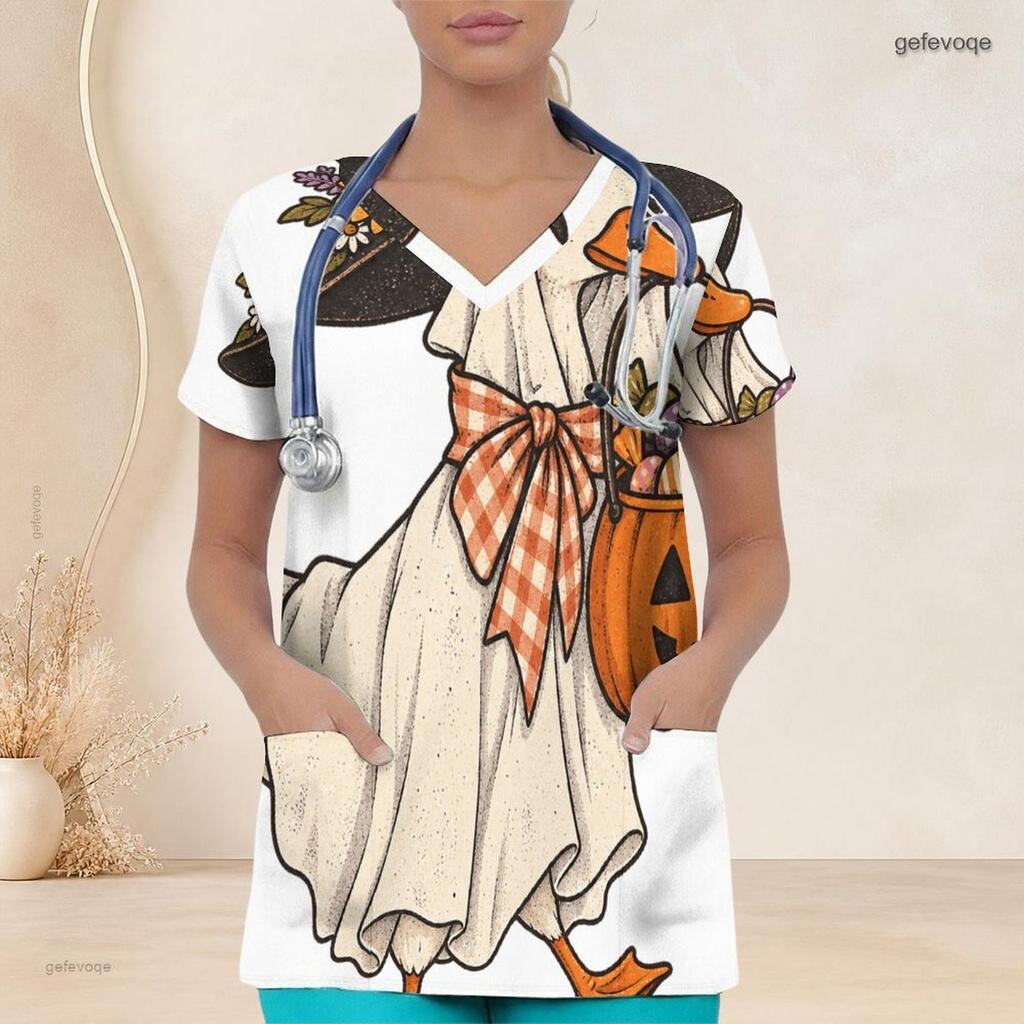 Women Plus Size White Halloween Cartoon Duck Printed V Neck Short Sleeve Nurse Scrub Top With Front Pockets