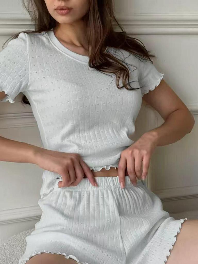 2025 Europäisches & Amerikanisches Mode Schlankmachendes Jacquard Rüschenbesatz Zweiteiliges Freizeit-Set mit Rundhals Kurzarm-Oberteil & Shorts