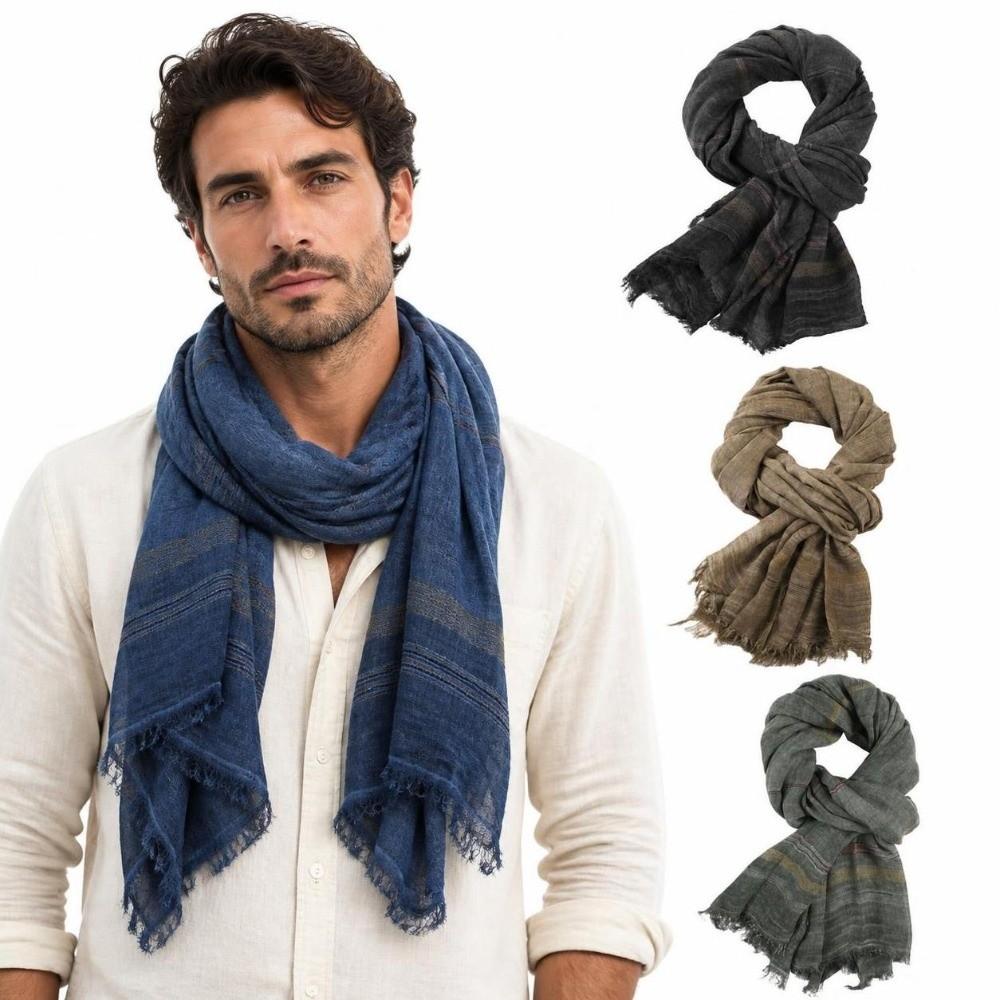 Tassel Winter Men's Scarves Cotton Linen Yarn-dyed Neckerchief  Wrap Casual Long Scarf  Outdoor