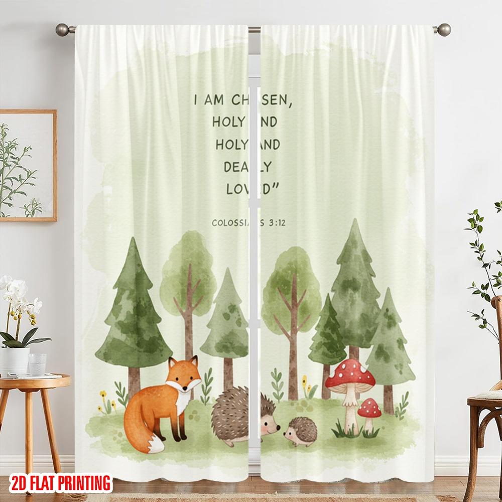 2pcs 2D flat printing Scene Curtain Chosen Loved Woodland Forest Animals 100% Polyester Fabric Without Electricity Festive
