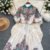 Summer Women Plus Size Turn-down Collar Lantern Sleeve Vintage Print Shirt Loose Lace-up Dresses