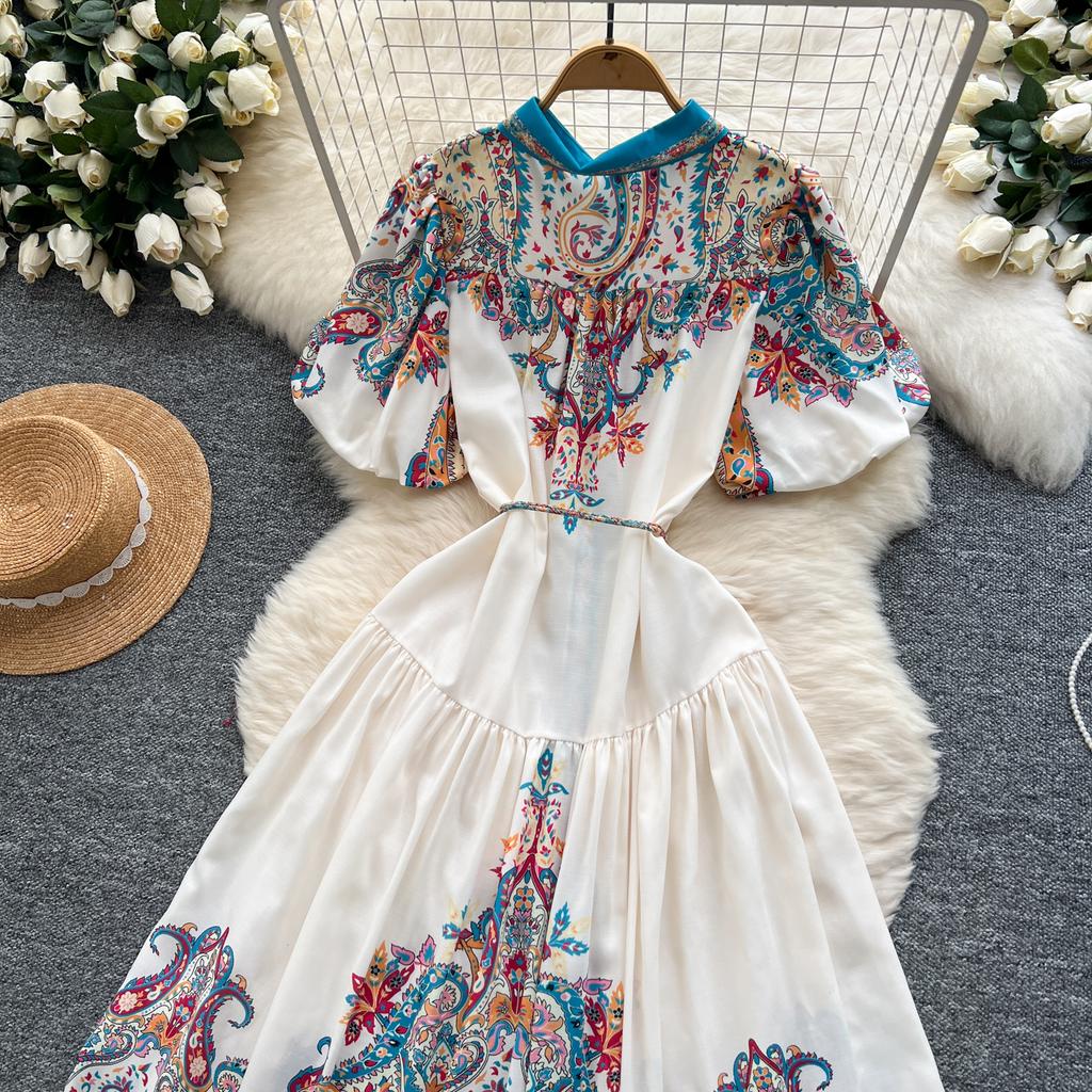 Summer Women Plus Size Turn-down Collar Lantern Sleeve Vintage Print Shirt Loose Lace-up Dresses