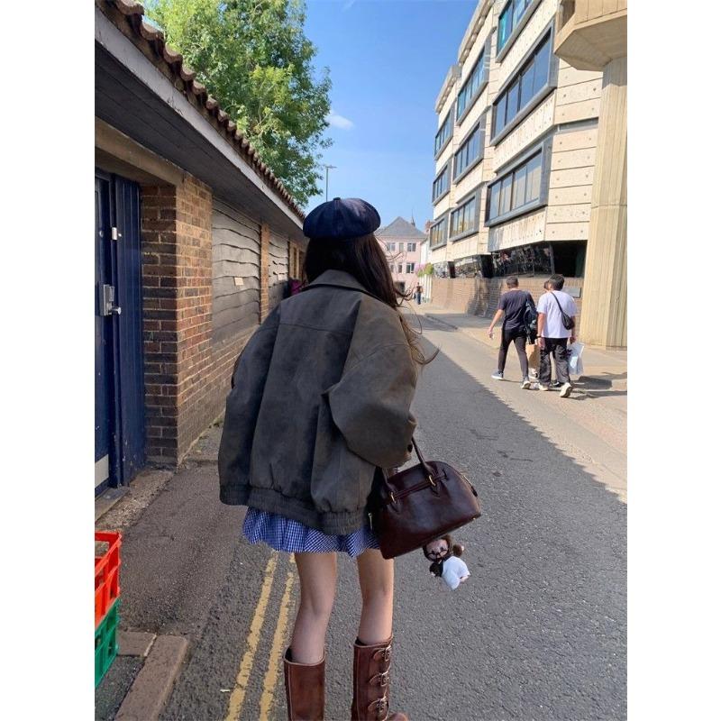 Autumn Casual Short Women Faux Suede Leather Jacket Vintage Biker Coat Loose Fit Retro Style