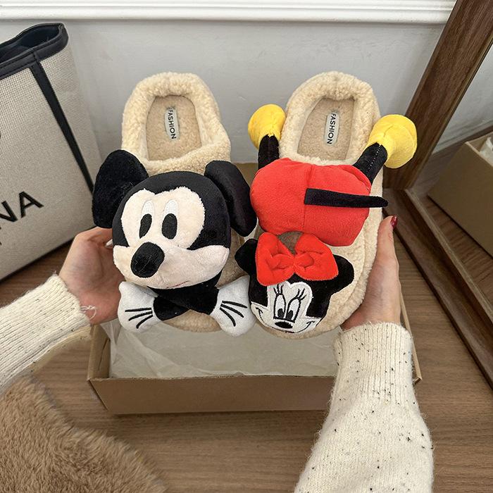 Cartoon Three-dimensional Mickey Cotton Slippers Women's 2025 New Autumn and Winter Indoor Home Warmth Outer Wear Thick-soled Fluffy Slippers
