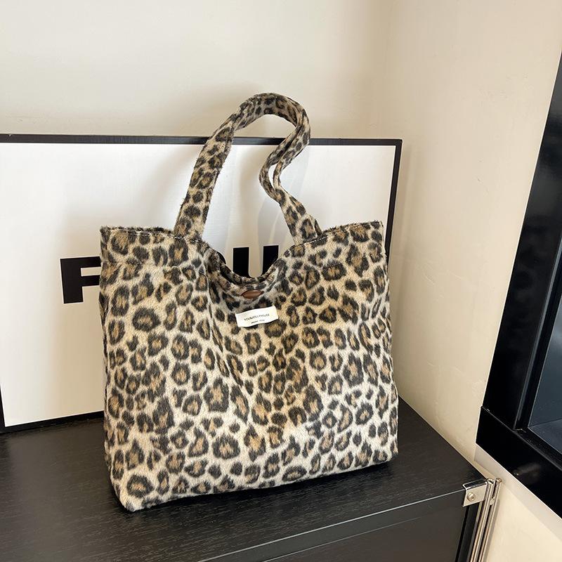 Autumn Casual Fashion Woolen Plaid Shoulder Bag Retro Leopard Print Portable Commuter Canvas Bag Women's Casual Shoulder Bag
