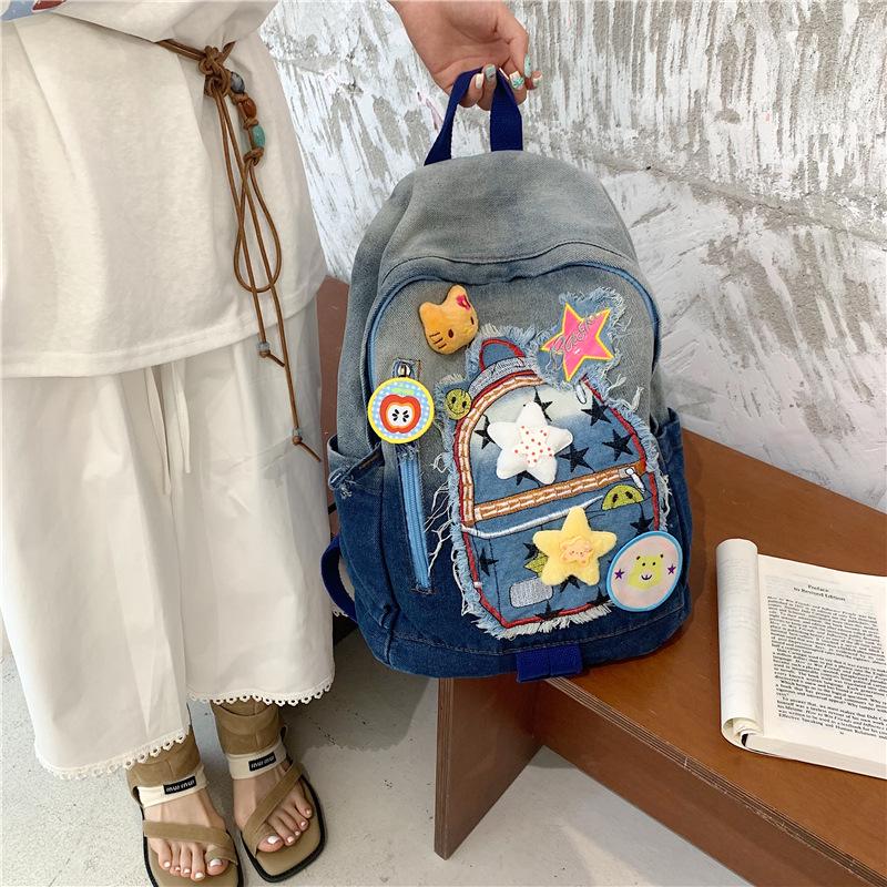 Retro Stern Patchwork Farbverlauf Denim Rucksack - Süße japanische Schultasche für Studenten
