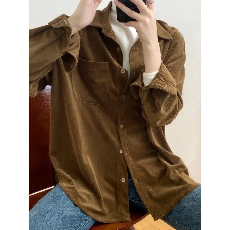 

Винтажная вельветовая рубашка с длинным рукавом, осенне-зимняя женская одежда, модная блузка с отложным воротником, повседневное пальто с карманами, топы 30247 M темно-коричневого