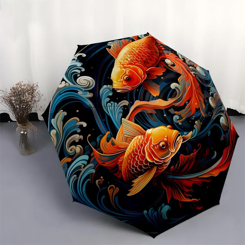 1pc Koi Fish Swimming in Water Waves Umbrella with Plastic Handle,Suitable for All Seasons Home Travel Outdoor UmbrellaDD1223