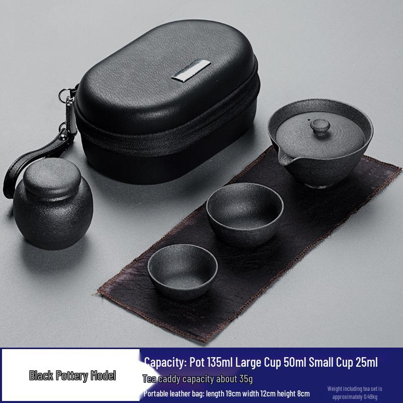 Portable Japanese Black Pottery Tea Set with One Teapot and Two Cups - Ideal for Travel or as a Souvenir Gift