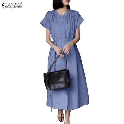 Vestido Casual de Verano para Mujer de Manga Corta y Color Sólido con Cuello Redondo