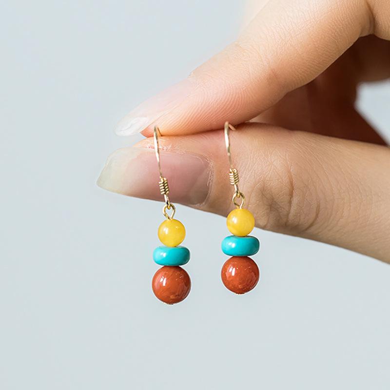 Boucles d'oreilles pendantes en argent style chinois avec agate rouge, turquoise et ambre pour femmes