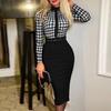 Women Slim Fit Bodycon Midi Dress Lapel Long Sleeve High Waist Plaid Print Office Lady Dress Workwear