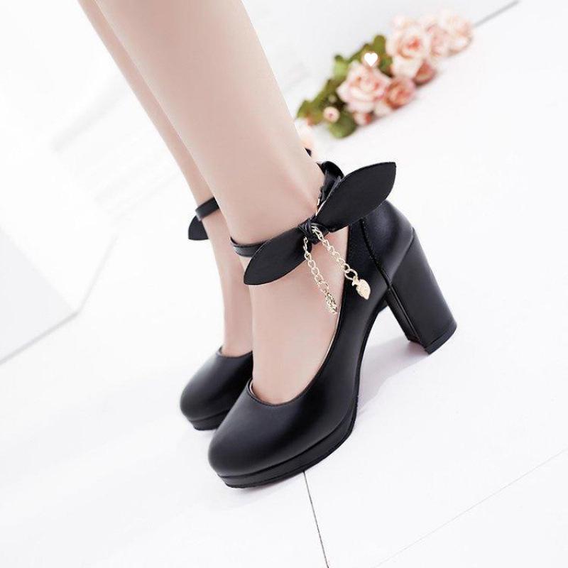 Z2025 new girl style sweet shallow mouth single shoes women's medium heel thick heel high heels one-word buckle versatile fashion women