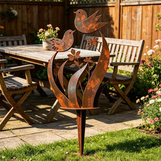 2 Stück Vogel und Wildblume Metall Gartenstecker Vintage Rost Außenpflanzenstecker Dekorative Hofkunst für Terrasse Rasen Veranda Dekoration