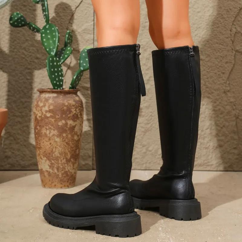 Women's Shoes 2024 Hot Sale Back Zip Women's Boots Fashion Round Toe Modern Boots Women Winter Plus Size Solid Knee-High Boots