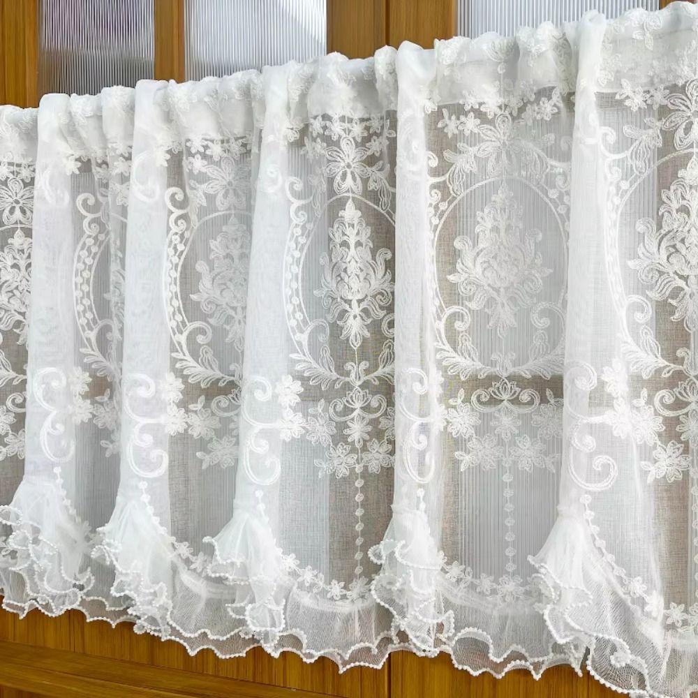 Wavy Edge Beaded Half Yarn Drapes Double Pearls Lace Bottom Floral Short Tulle Drapery  Door