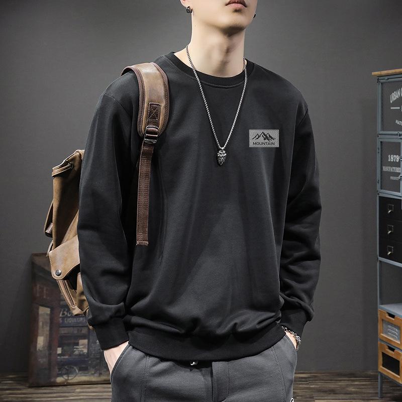 Men's Trendy Hong Kong Style Loose Fit Round Neck Sweatshirt, Autumn/Winter, Plus Velvet, 420g