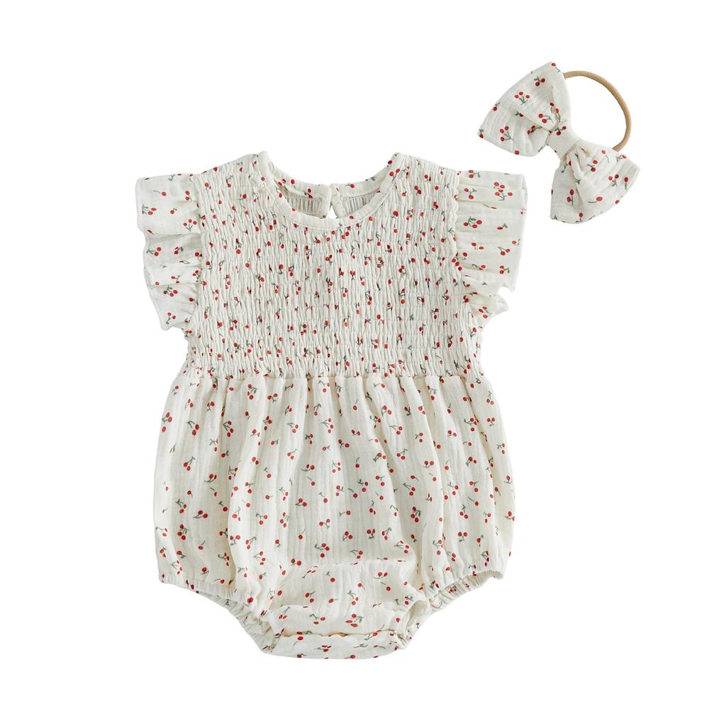 Baby Girl Summer Outfits Floral Print Smocked Crew Neck Flying Sleeve Romper and Bow Headband 2 Pcs Set