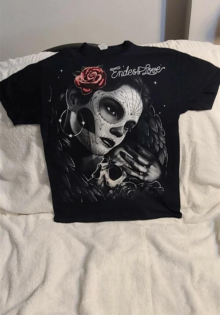 

DAY OF THE DEAD WOMAN SKULL ROSE FLOWER ENDLESS LOVE T-shirt S