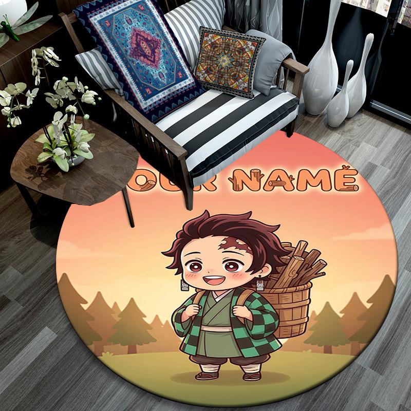 Custom Name,Tanjiro Kamado pattern round rug,Carpet Rug for Living Room Bedroom Playroom ,Non-slip Floor Mat,Holiday Gifts and Birthday Gifts.