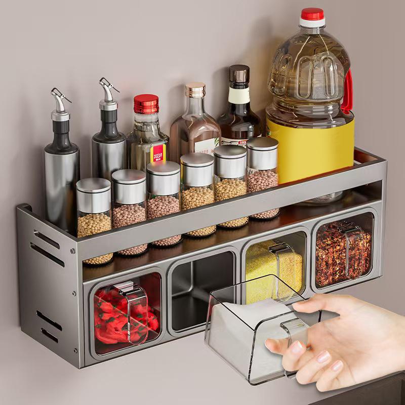 Stainless Steel Kitchen Spice Rack Wall-Mounted Multi-Functional Spice Rack Box Jar Kitchen Storage Home Organizador
