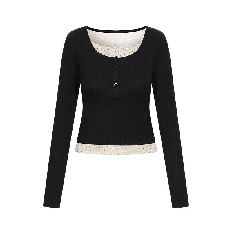 

2 pure lust lace fake two long-sleeved t-shirts for women, spring and autumn slim fit inside, sweet and hot girl tops for women S fits 80-47.5 kg чёрный