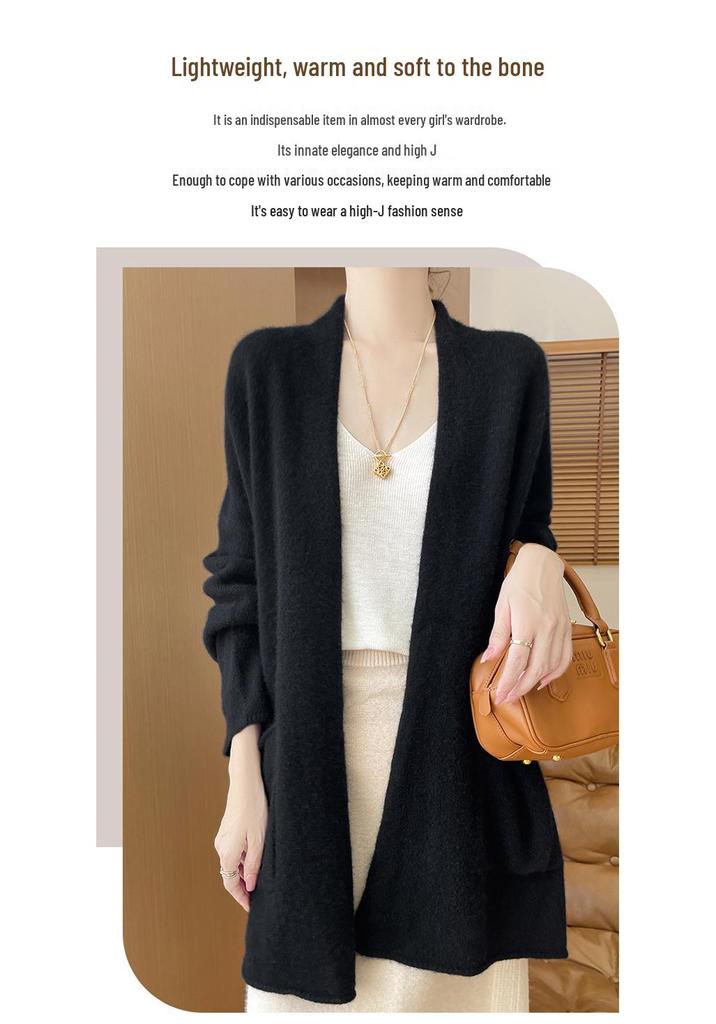 Women's Wool Knit Cardigan - Autumn/Winter 2024, Loose Mid-Length Long Sleeve Sweater/Jacket