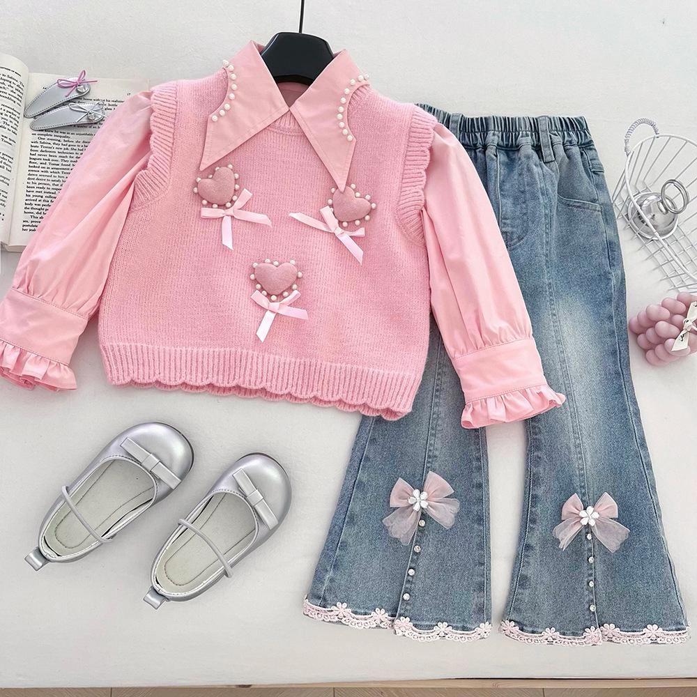 Girls' Pink Heart Knit Vest & Flare Jeans Three-Piece Set - 2025 Fashion Style