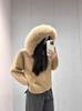 Women's Hooded Knit Cardigan with Fur Collar, Slim Fit, Short Loose Sweater for Autumn/Winter