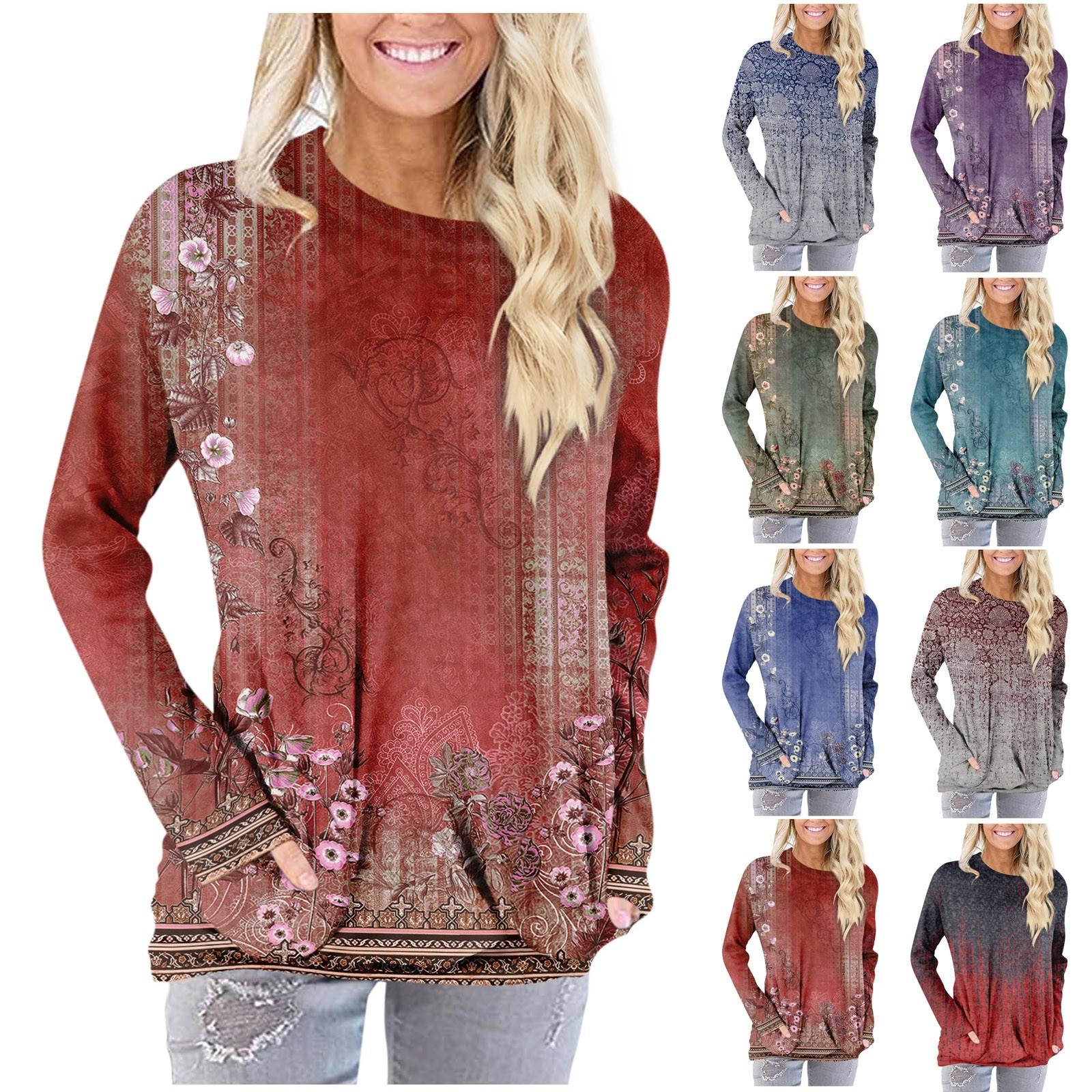 

Women s Fashion Casual Round Neck Print Long Sleeve Pocket T-Shirt Top