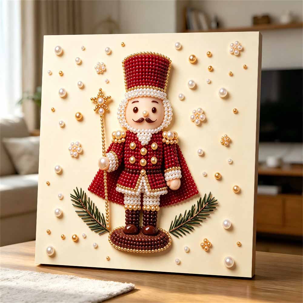 5D Framed Pearl Art Kit with Christmas Nutcracker and Pine Branches Sparkling Bead Canvas DIY Handmade Craft for Kids Bedroom Wall Decor Gift