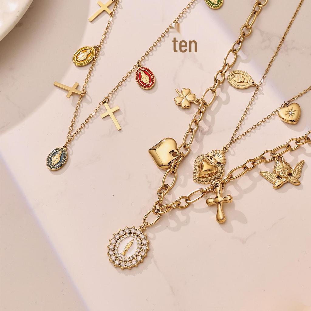 Summer Beach Series: DIY Stainless Steel Pendant Necklace - Cross, Heart, Flower, Queen Card, Zircon Clavicle Chain