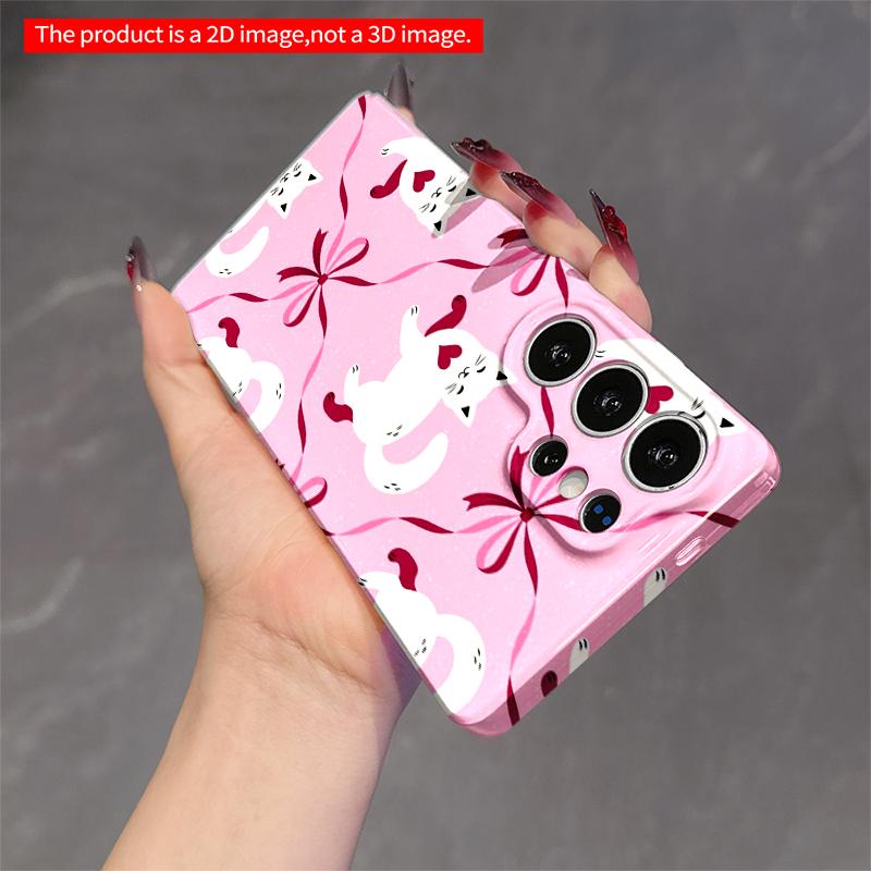 2DFlat Samsung phone case Cute White Cats with Hearts and Bows on Pink Background Applicable to Galaxy S22 S23 S24 S25ULTRA S26 A12 A13 A14 A15 A16