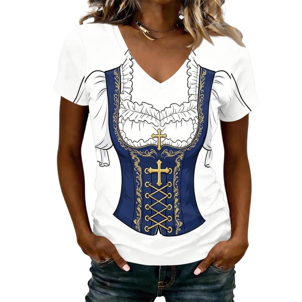 Camiseta casual para mujer con cuello en V y manga corta, top con estampado de Oktoberfest, diseño inspirado en el disfraz de Oktoberfest, tejido ligero y transpirable