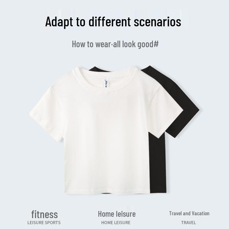 AA-14 Summer Short Sleeve Crop Top Crew Neck Casual Solid Color, Logo Printable