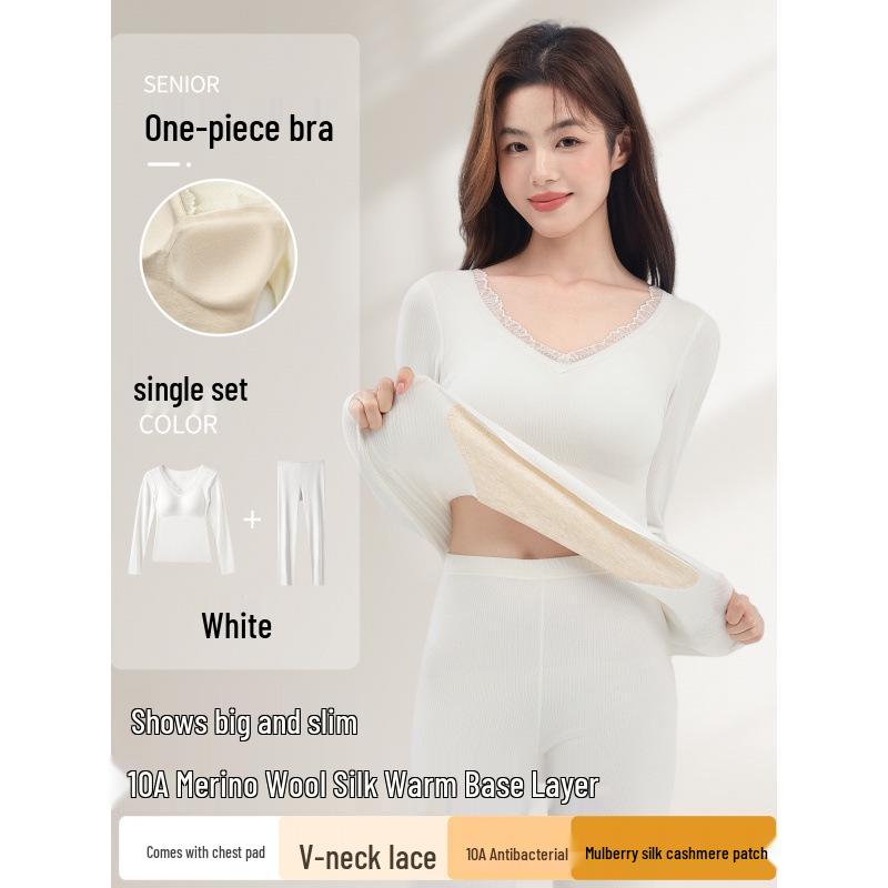 10A Antibacterial Women's Cashmere Silk Underwear Set with Chest Pads - Fleece-Lined, Autumn/Winter, Slimming Base Layer