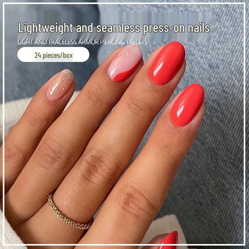 

24-Piece Bright Red European-American Almond Glitter Nail Art Set UV Gel Polish